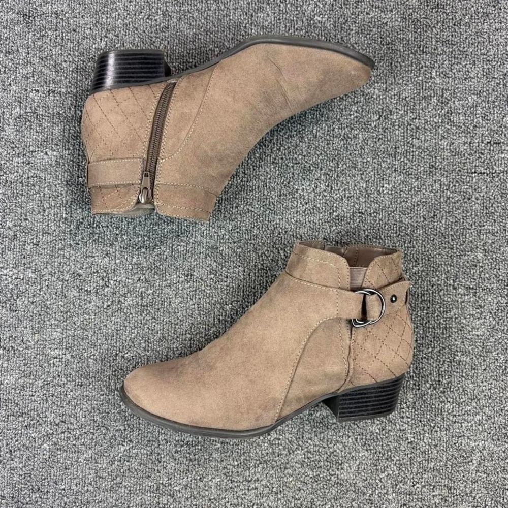 Women's Tan Suede Short Heel Pull On Harness Buckle Booties Boots Size 8